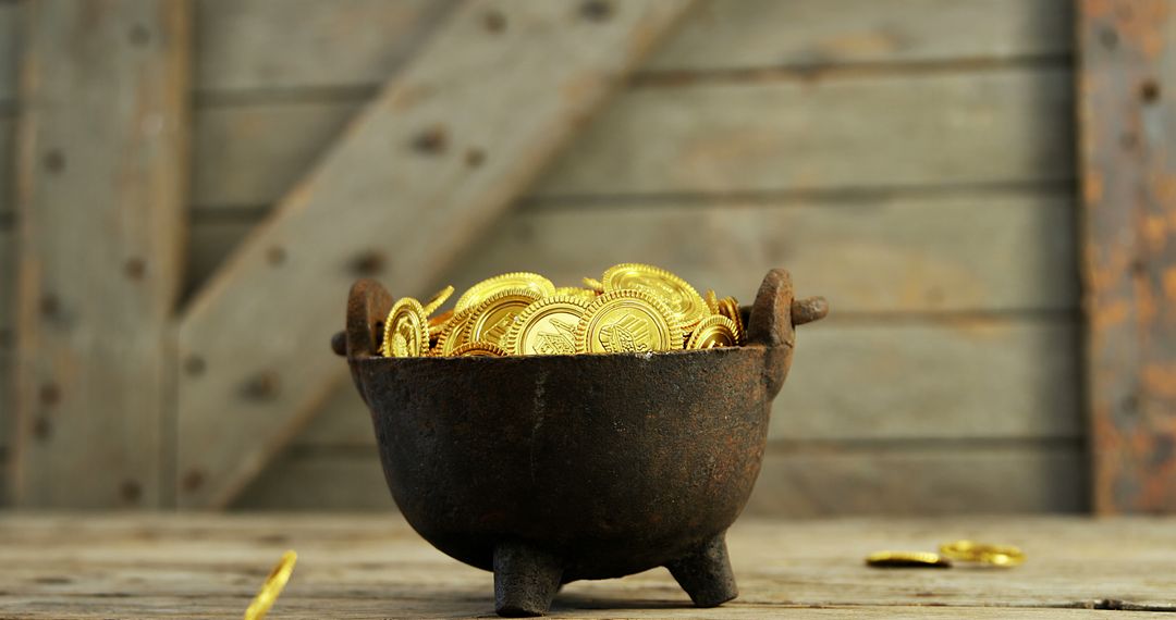 Ancient Pot of Gold Coins on Wooden Table - Free Images, Stock Photos and Pictures on Pikwizard.com