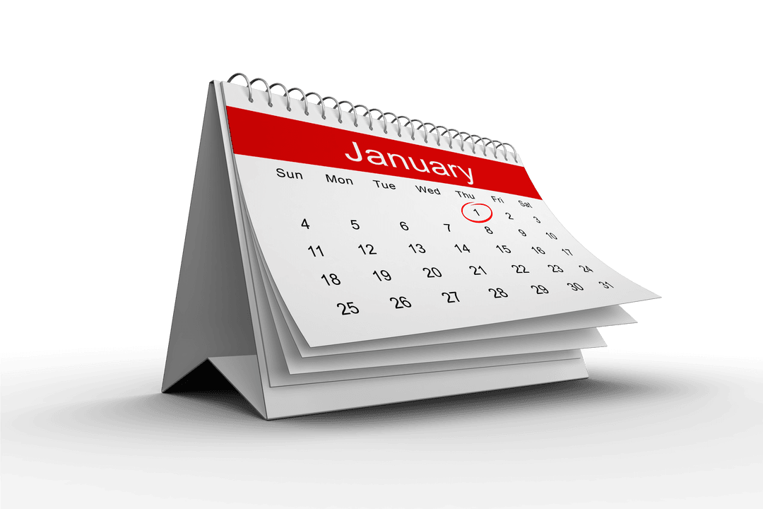 Transparent Desk Calendar Highlighting January First in Red
