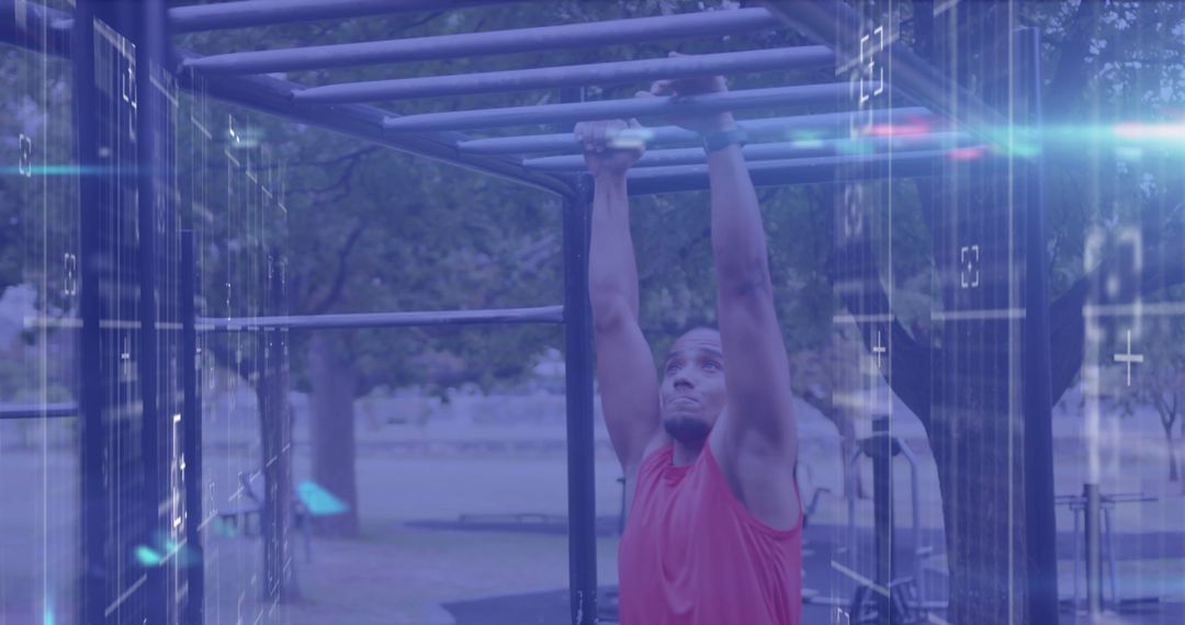 Man Exercising on Monkey Bars with Futuristic Digital Overlay