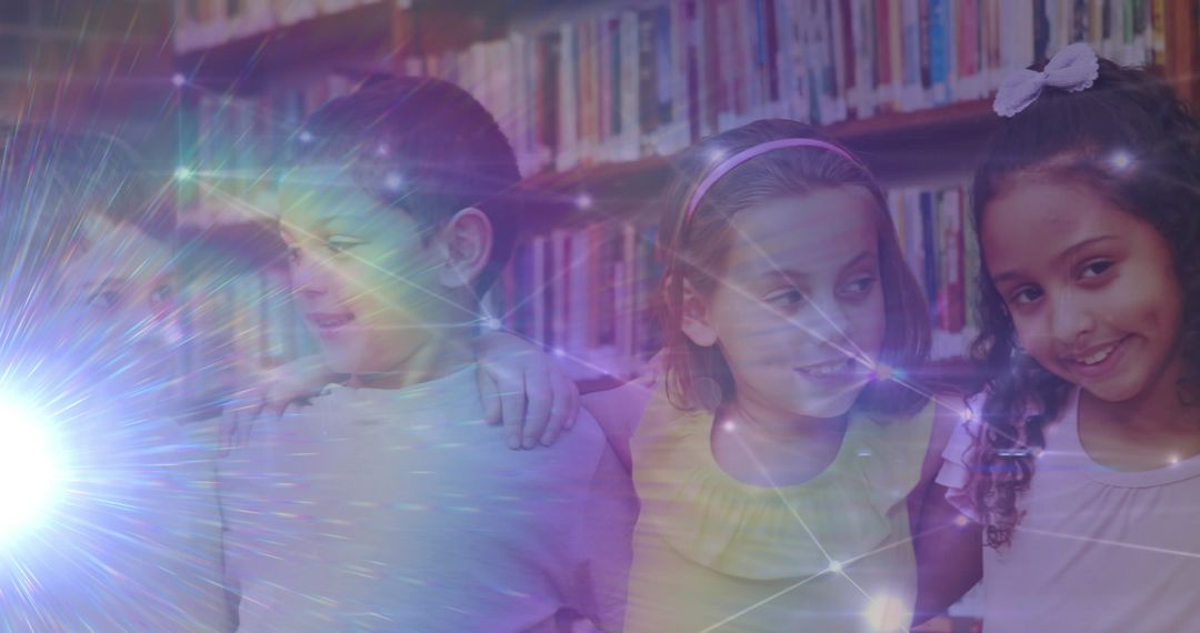 Diverse Schoolchildren in Library with Light Trails Symbolizing Knowledge