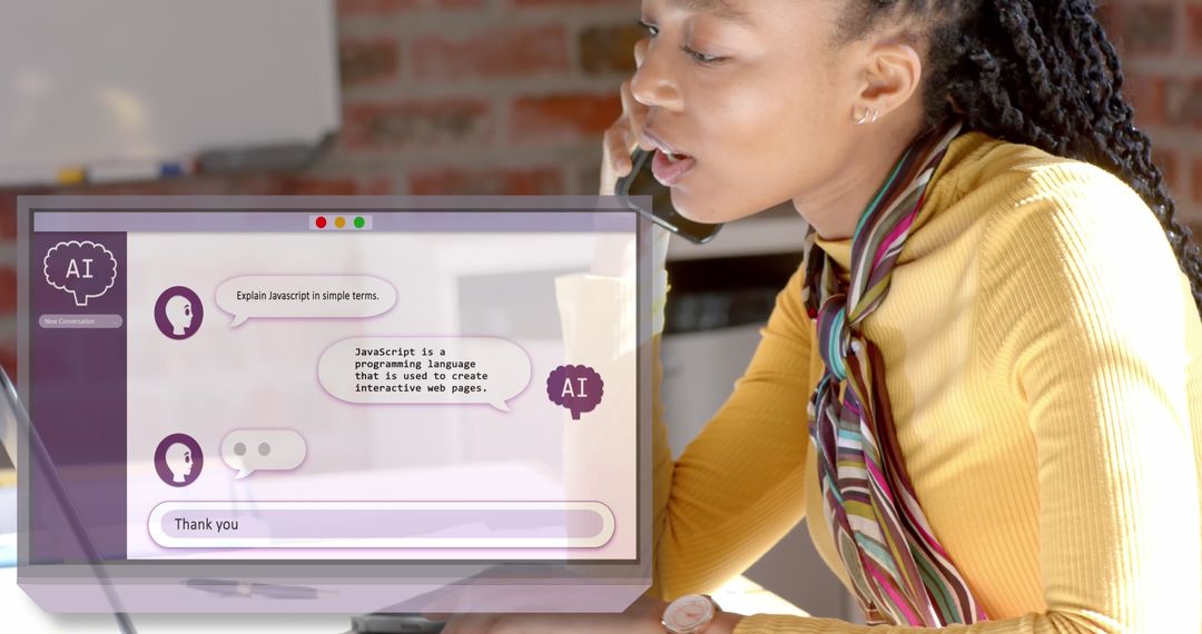 Businesswoman Engaged in Digital Conversation with AI Technology