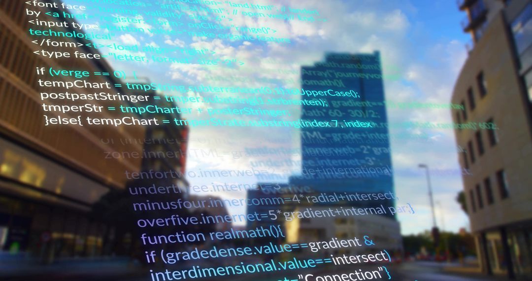 Computer Code Overlay on Urban Skyline with Glass Buildings