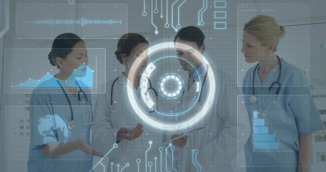 Medical Team Examining Data on Tablet with Futuristic Hologram Display