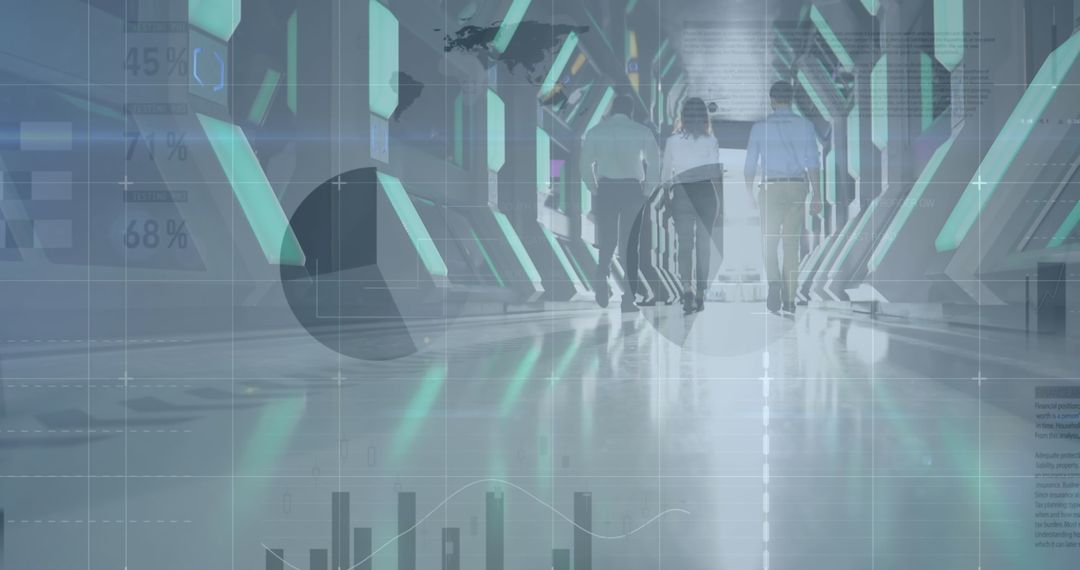 Business Team Walking Through High-Tech Data-Driven Corridor
