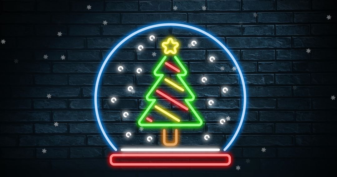 Neon Christmas Tree with Falling Snowflakes Design