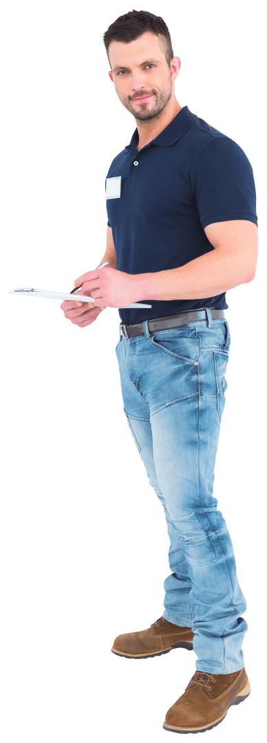 Young Man with Clipboard Smiling in Transparent Background