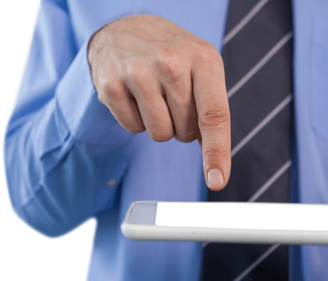 Businessman Hand Interacting with Transparent Tablet Screen