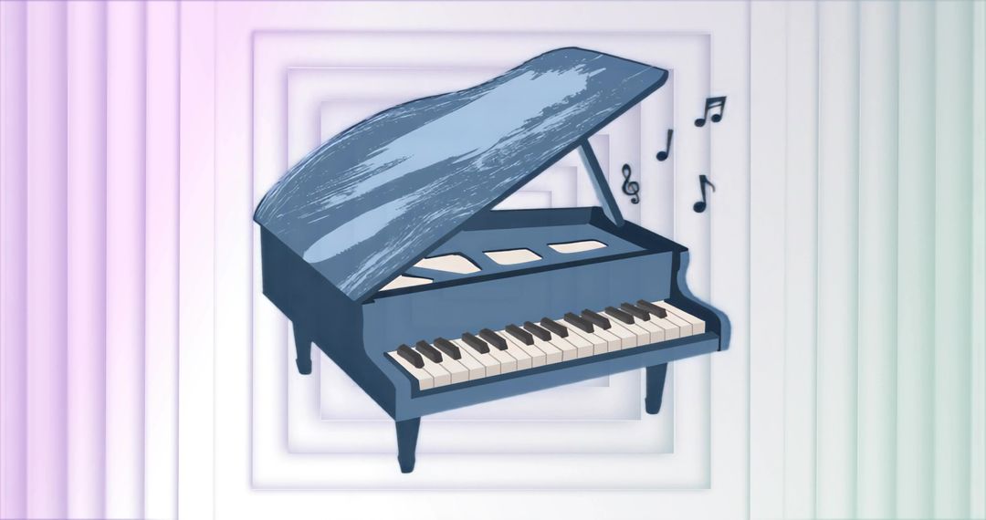 Blue Grand Piano Illustration Featuring Gradient Squares and Floating Music Notes