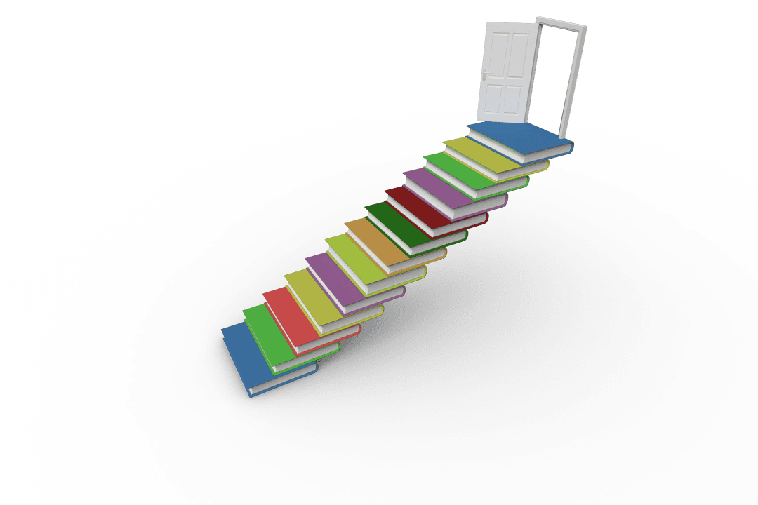 Colorful Staircase of Books Leading to Door on Transparent Background