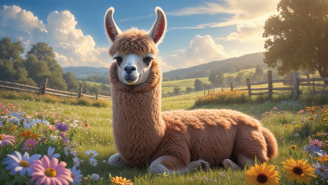 Fluffy Brown Llama Resting in Peaceful Meadow