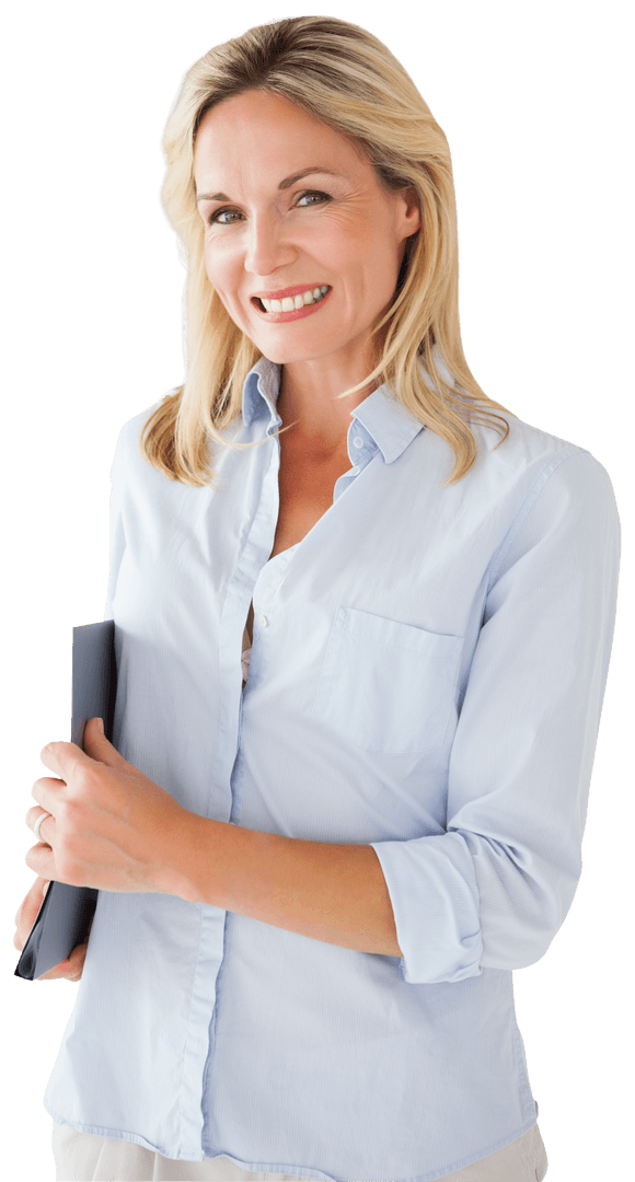 Smiling Senior Woman Holding Folder on Transparent Background