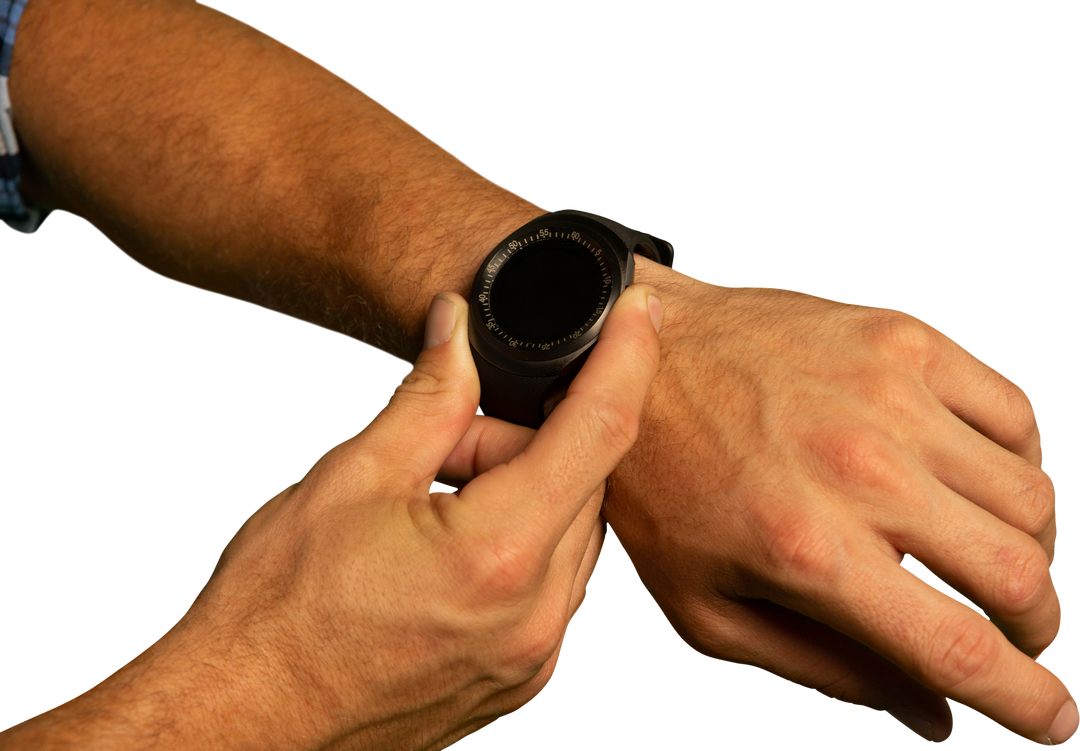 Close-Up of Adult Man in Plaid Shirt Using Smartwatch on Transparent Background - Download Free Stock Images Pikwizard.com