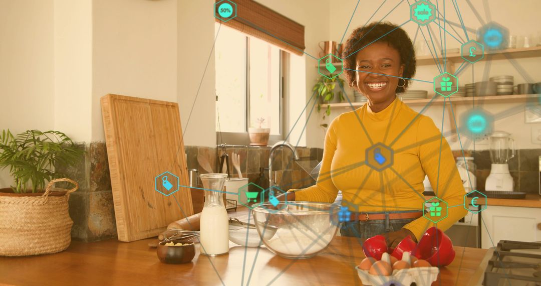 Smiling Black woman preparing meal in sunlit kitchen using augmented reality recipe interface