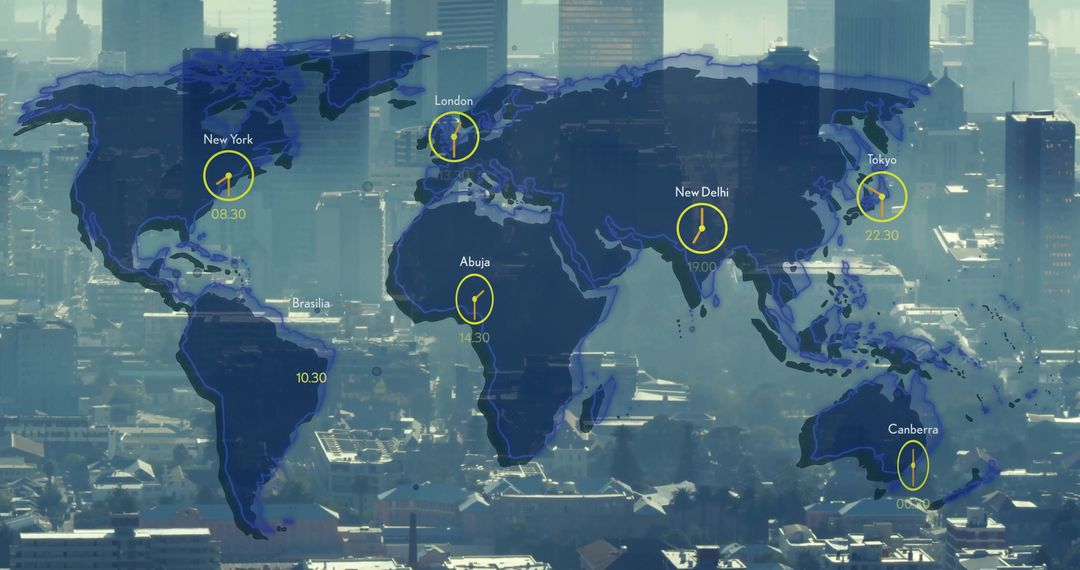 Cityscape with Global Time Zones Overlay