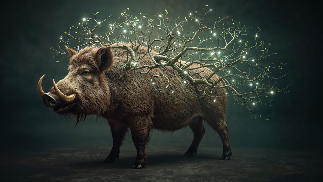 Mystical Wild Boar with Glowing Tree Branch Antlers