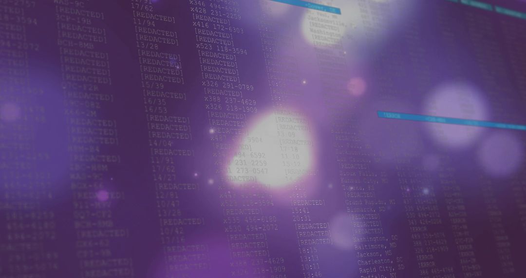 Streaming redacted alphanumeric columns with neon purple bokeh and cyan highlights