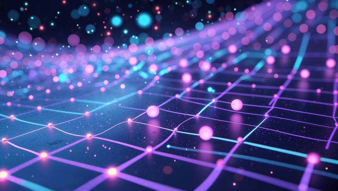 Futuristic Neon Grid with Glowing Nodes and Spheres