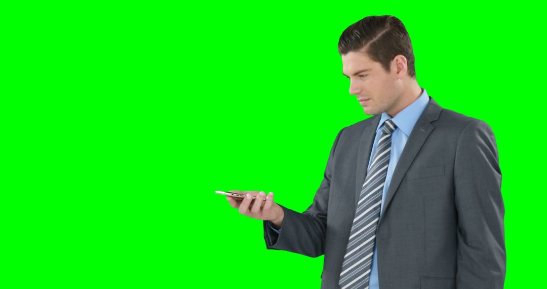 Businessman Looking at Smartphone with Green Screen Background - Free Images, Stock Photos and Pictures on Pikwizard.com