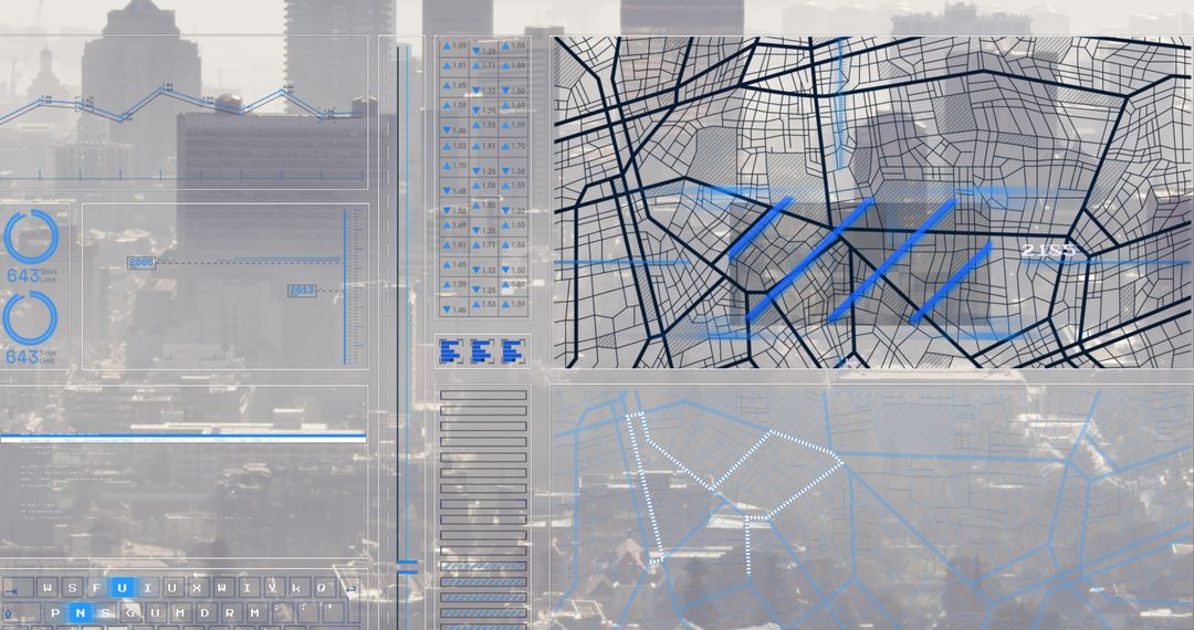 Digital Interface over Cityscape Highlighting Geopolitical Data