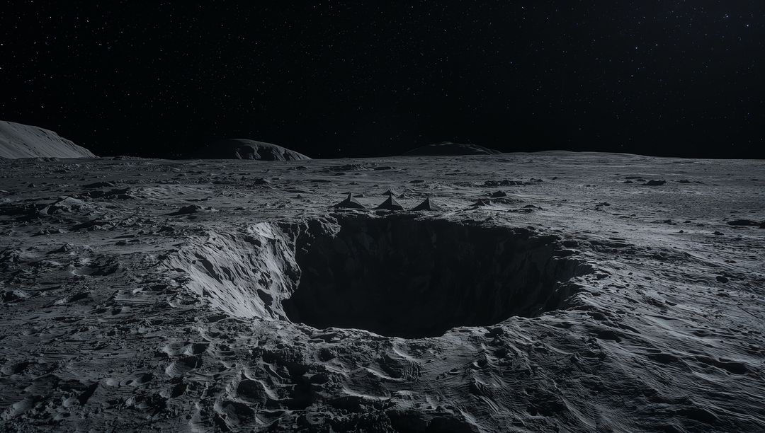 Lunar crater camp under starry sky with three tents on rim, desolate moon landscape