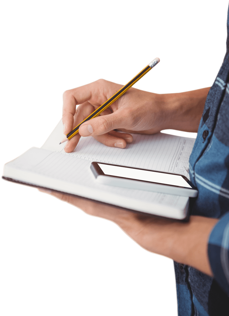 Transparent focused writing hands using pencil and notebook