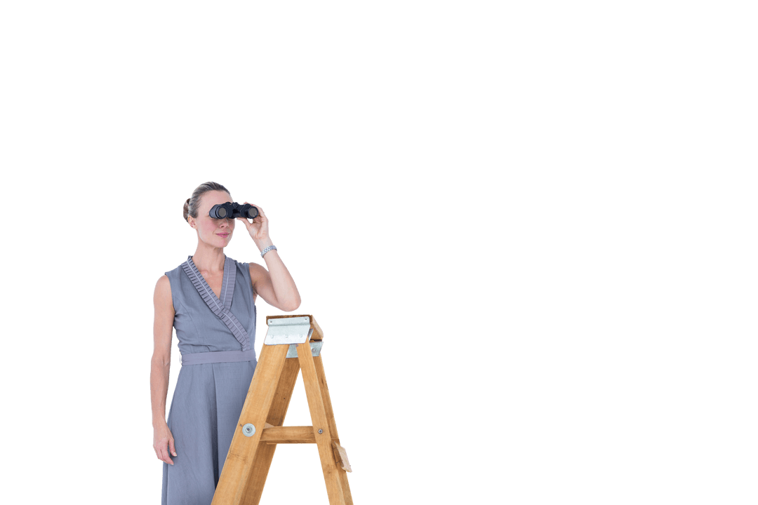 Woman Standing on Ladder Using Binoculars Transparent Background