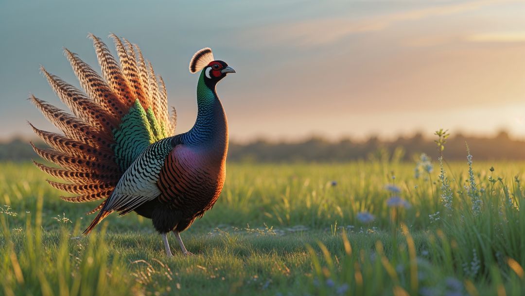 Pheasant animal displaying vibrant feathers in sunset meadow
