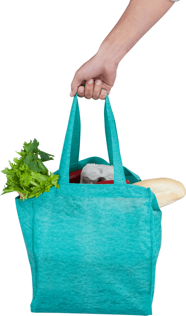 Hand Holding Reusable Bag with Groceries on Transparent Background