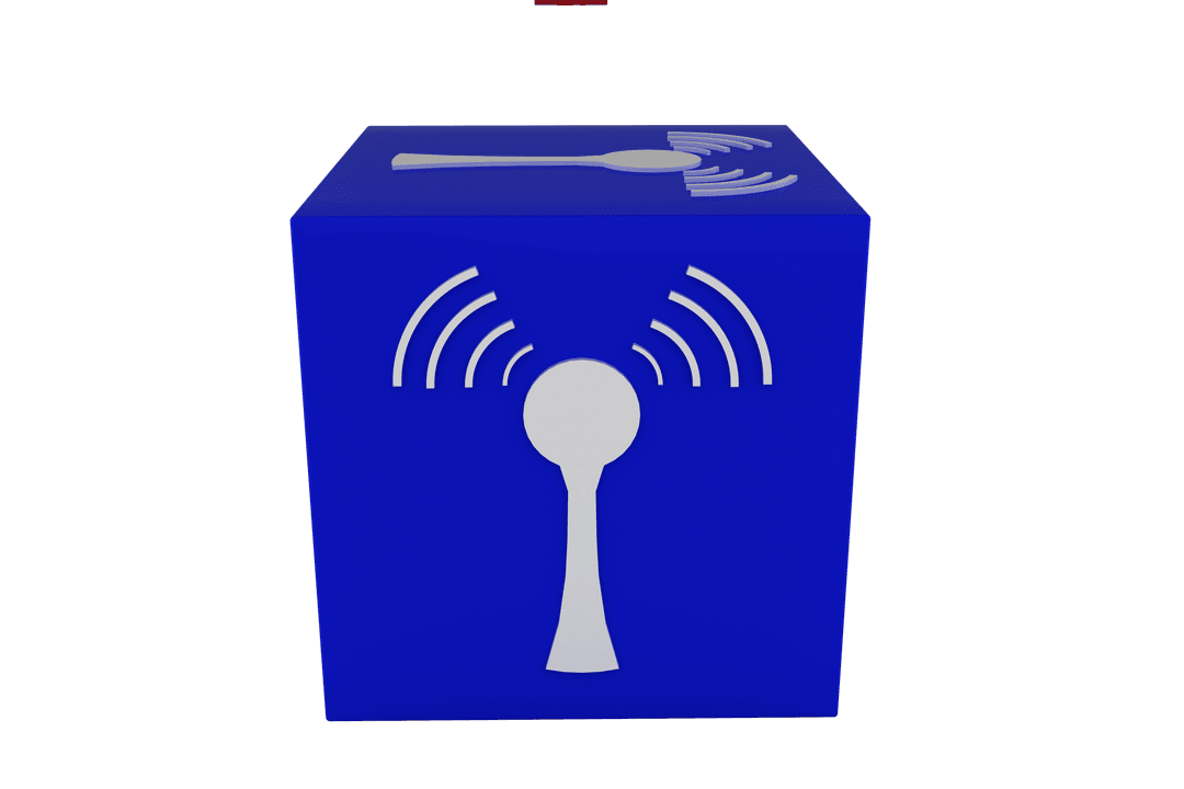 Transparent Digital Cube with Network Symbol on Blue Background