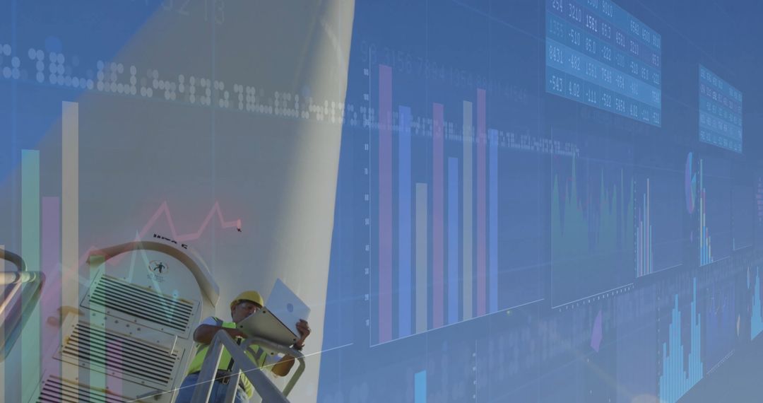 Engineer Analyzing Data on Wind Turbine with Digital Overlay