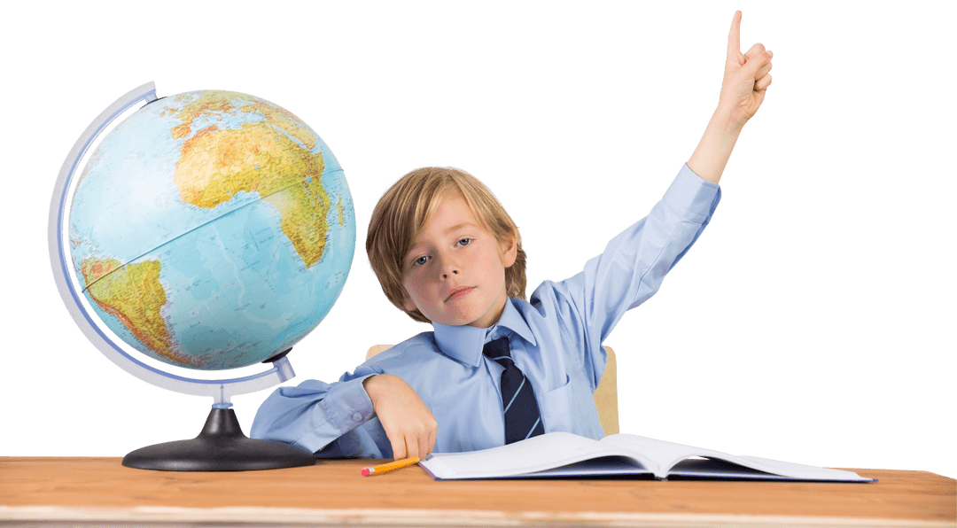 Caucasian Schoolboy Raising Hand Beside Globe Transparent Background