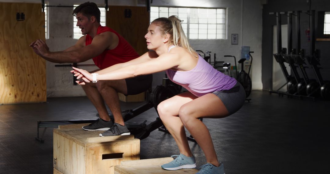 Fit Individuals Practicing Box Squats in Modern Gym - Free Images, Stock Photos and Pictures on Pikwizard.com