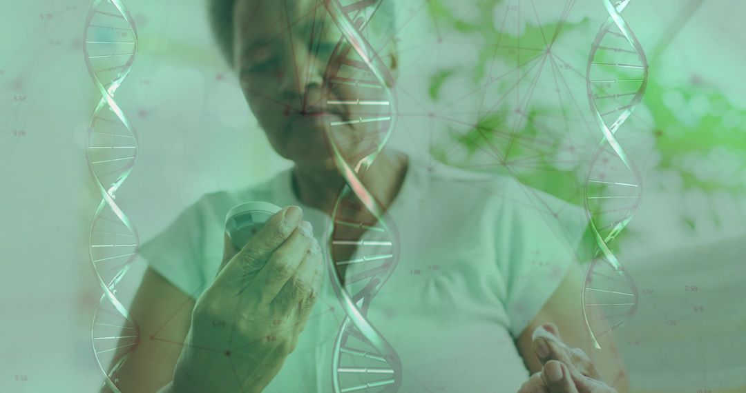 Senior Woman Monitoring Health at Home with DNA Helix Overlay
