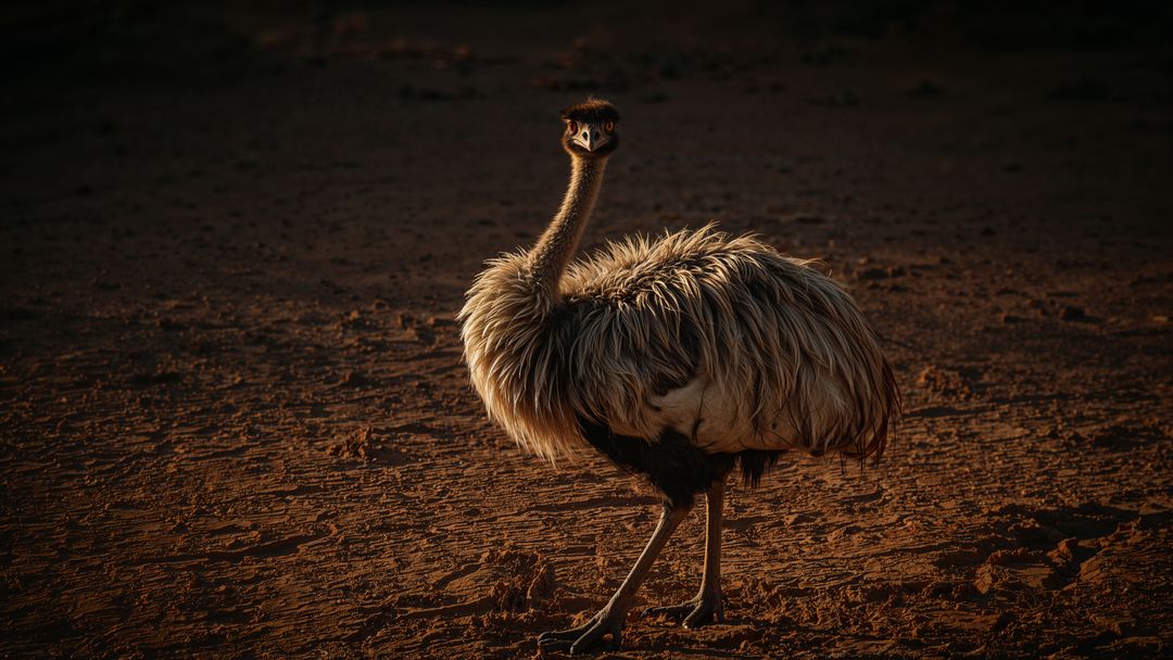 Emu standing on rugged desert terrain at sunset
