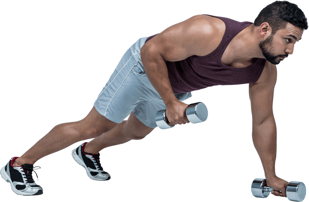 Muscular Man Doing Push Ups with Dumbbells Transparent Background