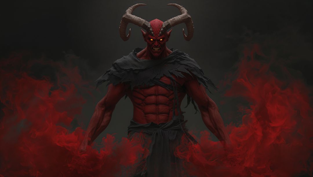 Red-Skinned Demon in Swirling Mist with Glowing Horns