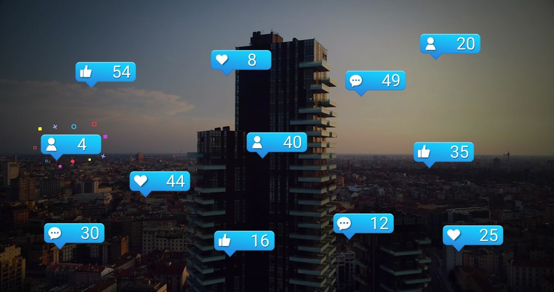 Social media engagement icons over modern city skyline