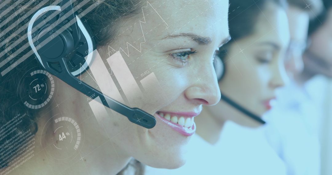 Customer Support Team Overlaid with Data Analysis Graphics