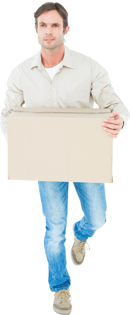 Transparent Delivery Man Carrying Cardboard Box for Logistics Concept