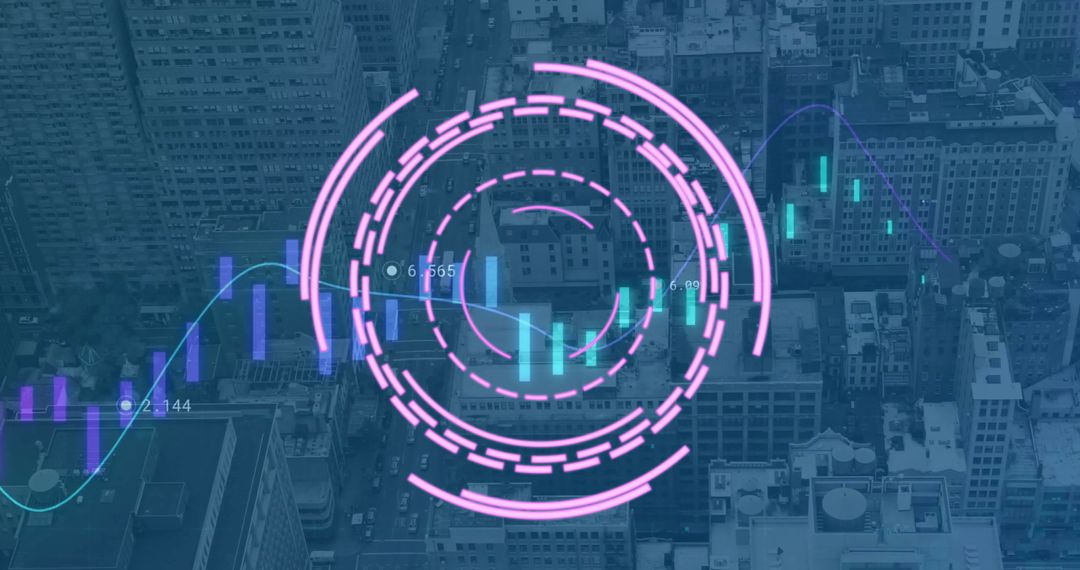 Digital Data Processing in Cityscape with Financial Analysis Graphs