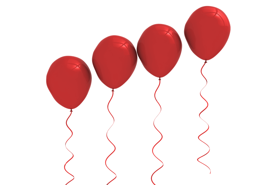 Four Red Balloons Lined up on Transparent Background
