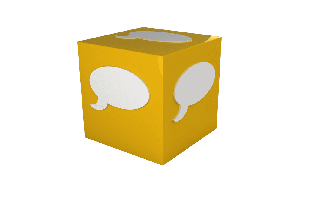 Yellow Cube with Speech Bubble Icons on Transparent Background
