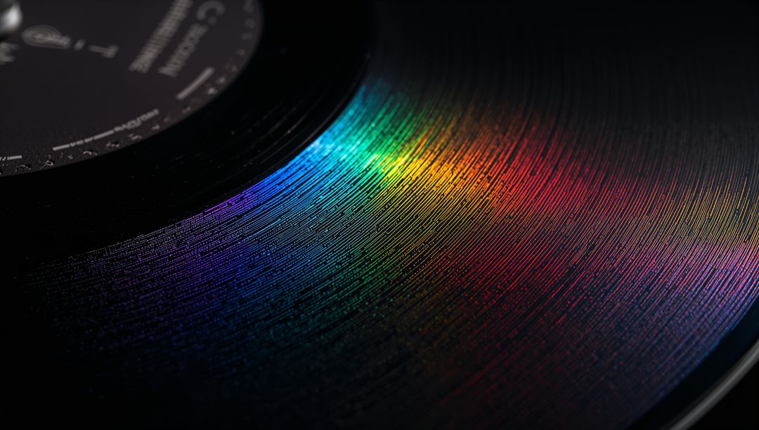 Macro Vinyl Grooves Catching Rainbow Spectrum on Glossy Black LP for Retro Music Design