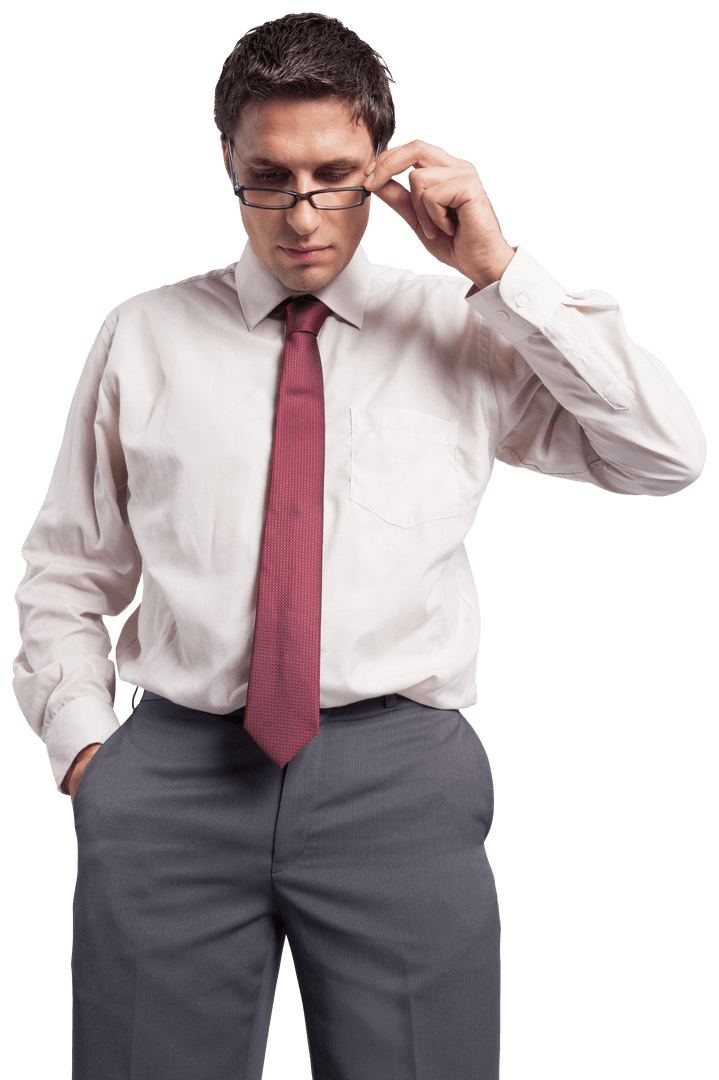 Thinking Businessman Baldiglass Adjusting Red Tie Considering Transparent