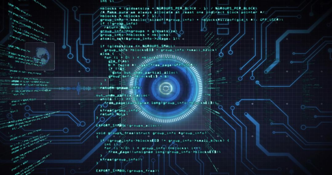 Futuristic Blue Interface with Holographic Elements and Code Display