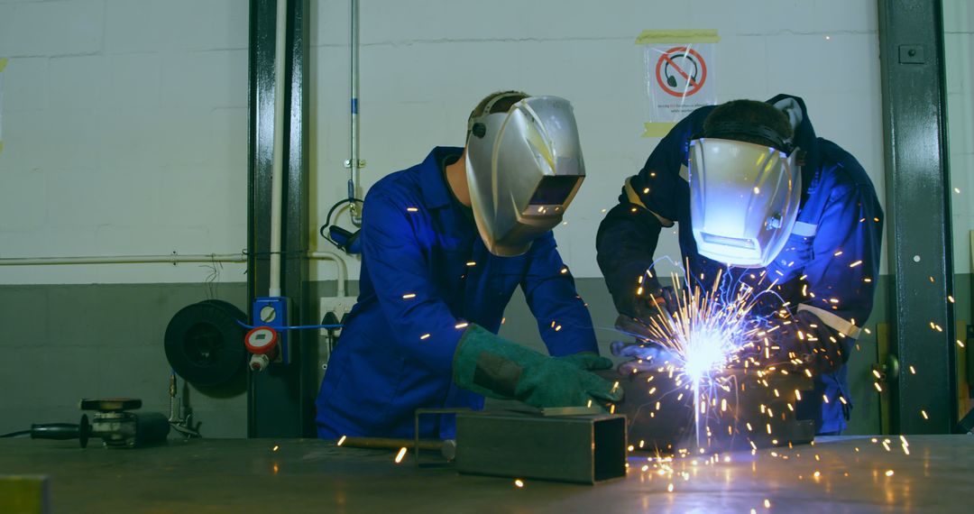 Industrial Workers Welding Metal with Safety Gear in Factory - Free Images, Stock Photos and Pictures on Pikwizard.com