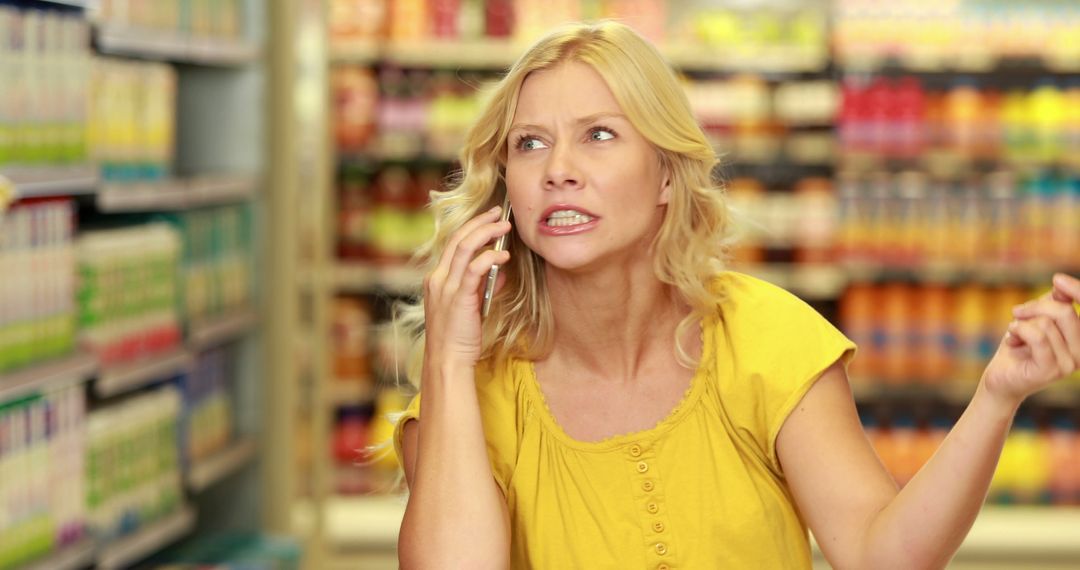 Frustrated Woman Talking on Phone in Supermarket Aisle - Free Images, Stock Photos and Pictures on Pikwizard.com