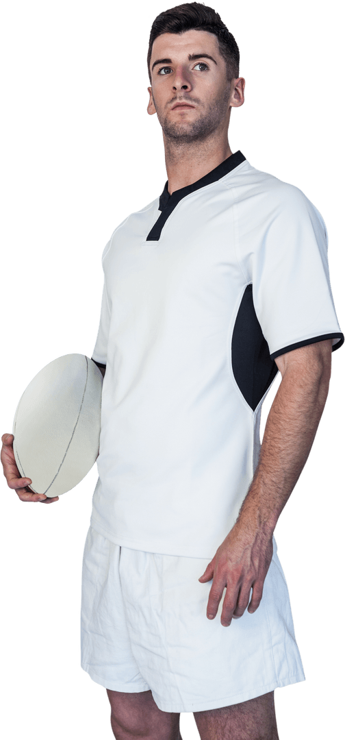 Transparent Serious Rugby Player Holding Rugby Ball with Focused Expression