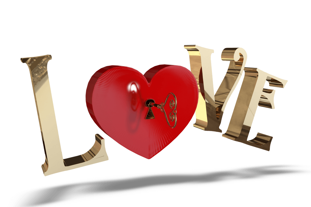 Key to Love Gold Text and Heart on Transparent Background