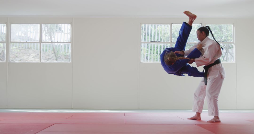 Two women practicing judo throws on mats in dojo - Free Images, Stock Photos and Pictures on Pikwizard.com